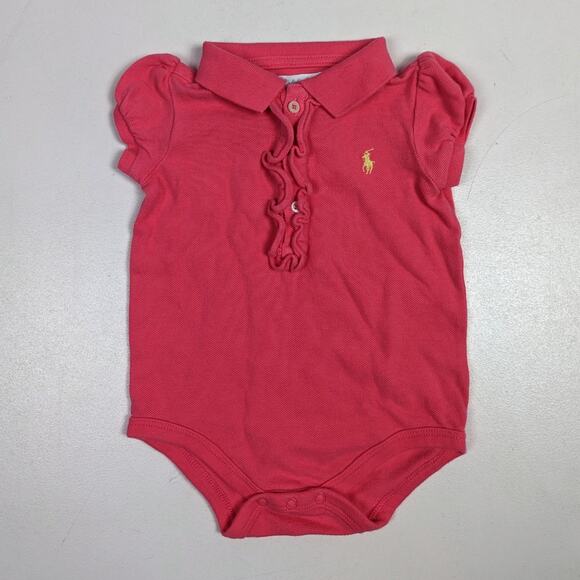 Ralph Lauren Onesie Baby Girls Sz 9m Salmon Pink Ruffle Polo Classic - Picture 1 of 4